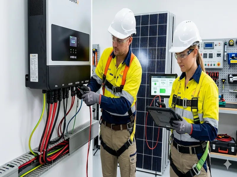 Instalatori profesionisti verificand compatibilitatea panourilor solare cu invertoare hibride moderne